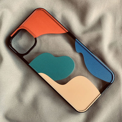 Color block contrast mobile phone case with geometric shapes in orange, blue, teal, and beige for iPhone models.