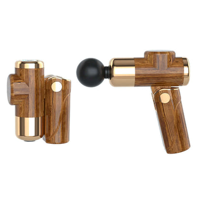 USB mini massage gun in wood grain design for muscle relaxation and vibration therapy, featuring portable size and adjustable settings.