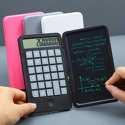 LCD calculator featuring a notepad function for note-taking, shown in a variety of colors with math equations on the screen.