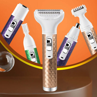 Portable electric razor for women with multi-functional shaving heads, ideal for body, eyebrow, and nose hair grooming.