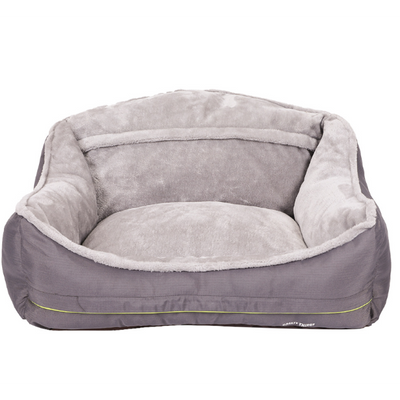 Portable dog bed in gray with soft fabric for comfort and support, perfect for dogs to relax and sleep.
