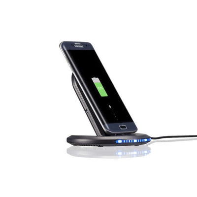 Mobile phone wireless charger bracket with fast charging feature, displaying charging status on smartphone.