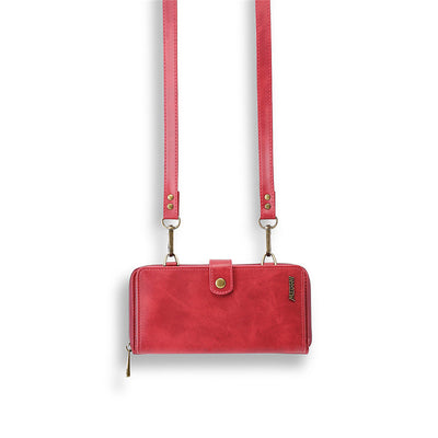 Stylish red detachable wallet with shoulder strap, perfect for storing essentials on-the-go.