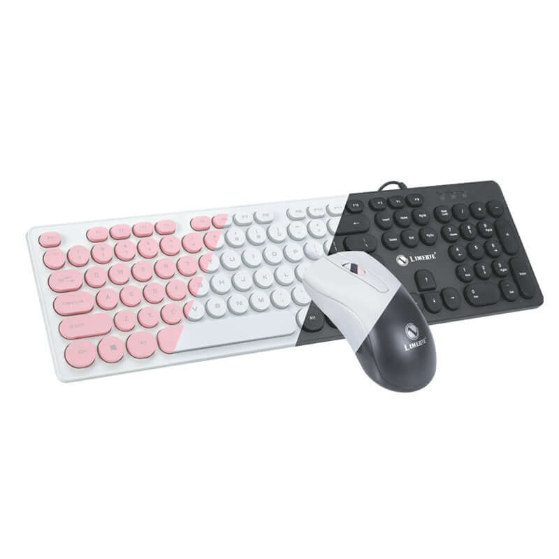 Punk keyboard and mouse set in black, white, and pink, featuring 104 keys and USB interface, ideal for general use.