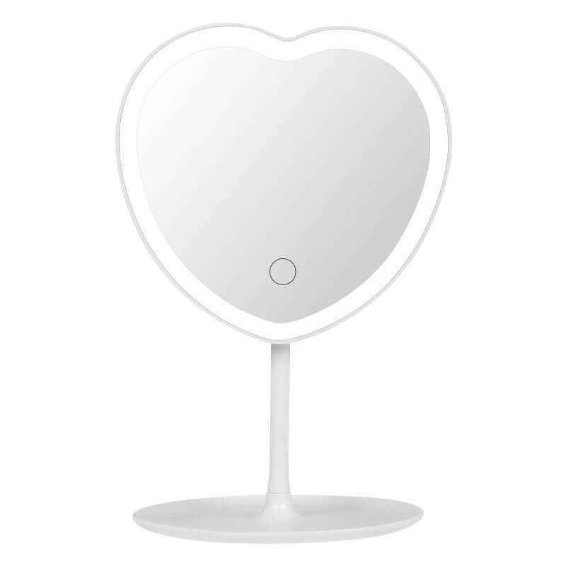 Heart-shaped LED makeup mirror with touch button in pure white finish, perfect for cosmetic use.