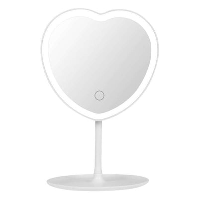 Heart-shaped LED makeup mirror with touch button in pure white finish, perfect for cosmetic use.