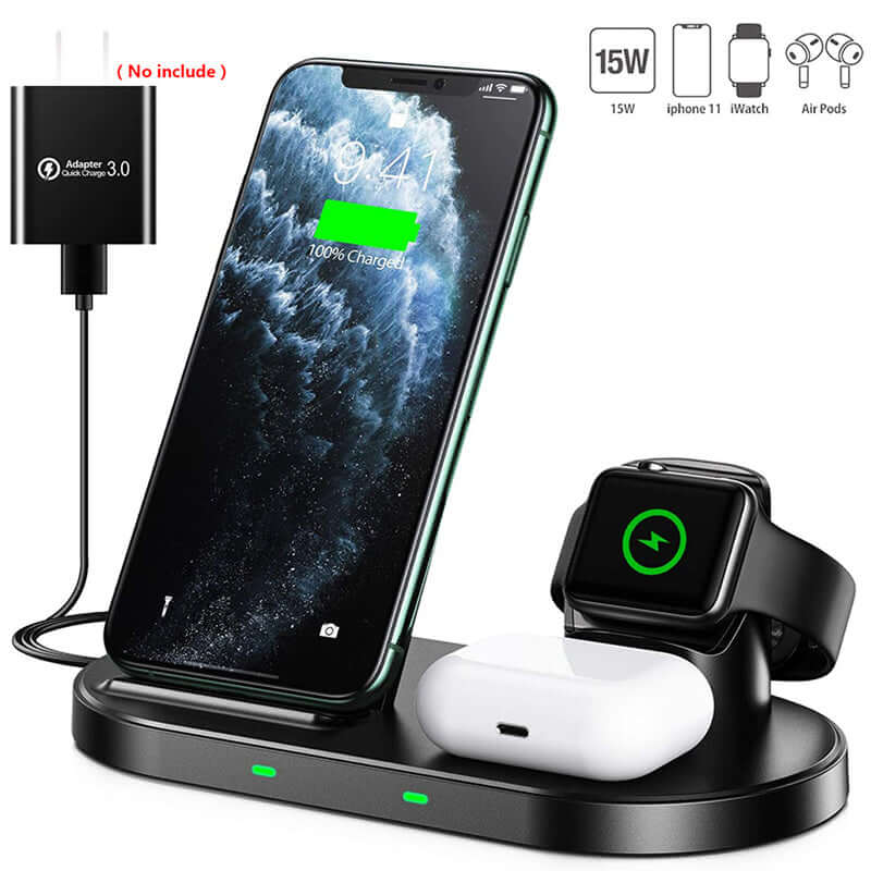 Multifunctional wireless charger with charging station for iPhone, Apple Watch, and AirPods, featuring quick charge and sleek design.