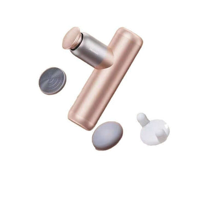 Mini pocket electric massage gun in gray with attachments for versatile muscle relief.
