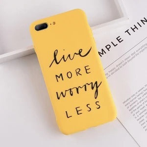 Yellow Lovebay iPhone case with 'live more worry less' design, anti-fingerprint, TPU back cover for iPhone protection.