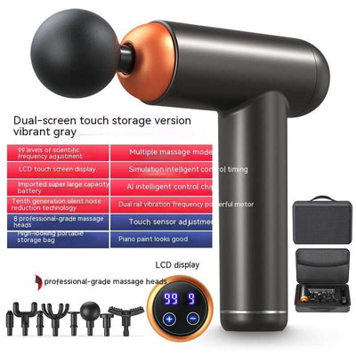 Mini massage gun with LCD display and brushless motor for full body relaxation in vibrant gray.