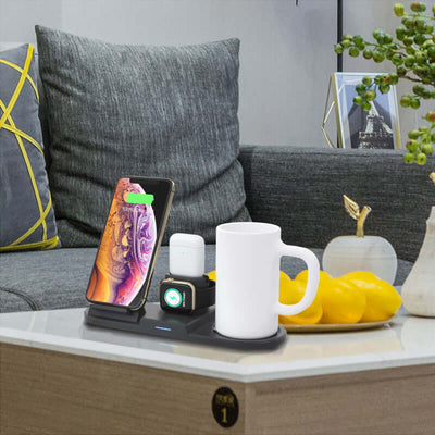 Wireless charger on a coffee table with a smartphone, airpods, and a mug, featuring a Type-C interface.