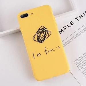 Lovebay iPhone case in yellow with playful design featuring 'I'm fine :)' and scribble illustration, anti-fingerprint protection.