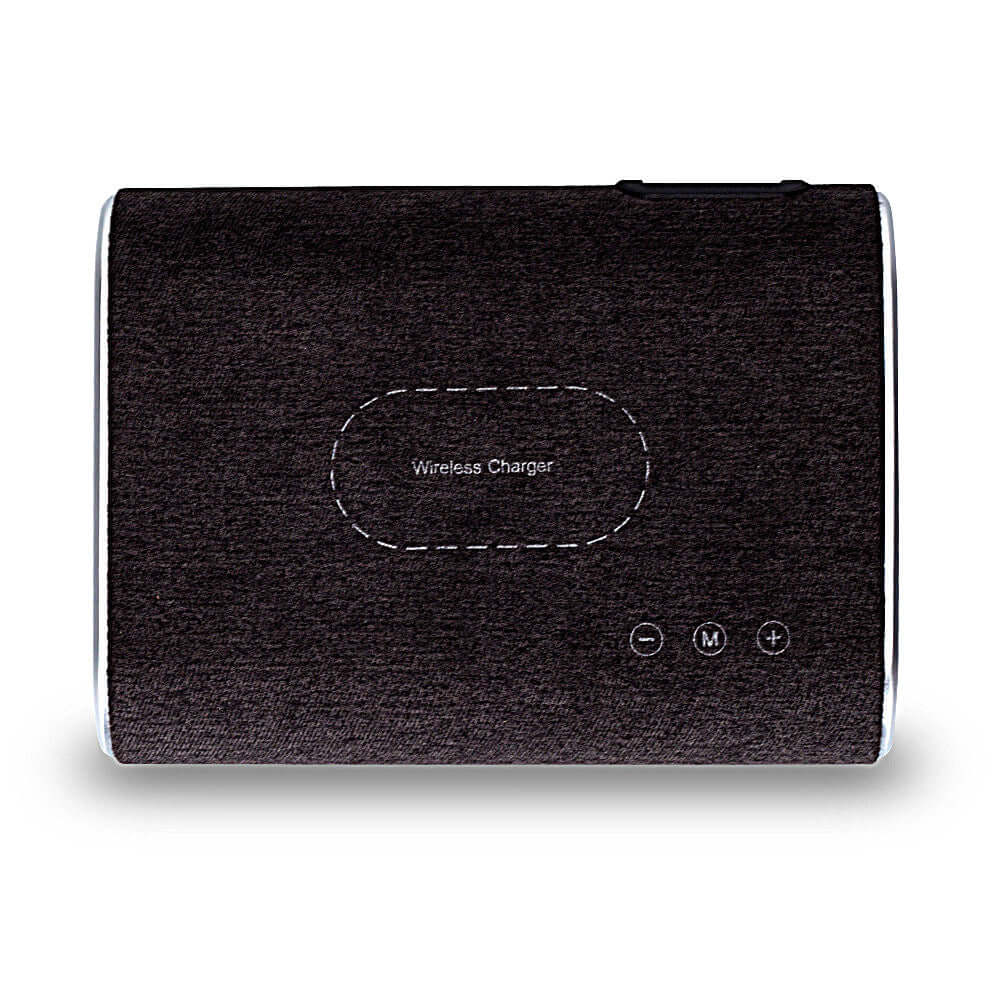 Wireless charger speaker in dark brown fabric, designed for music enjoyment and device charging with Bluetooth capability.