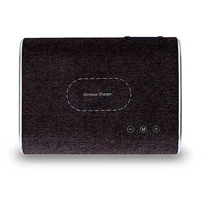 Wireless charger speaker in dark brown fabric, designed for music enjoyment and device charging with Bluetooth capability.