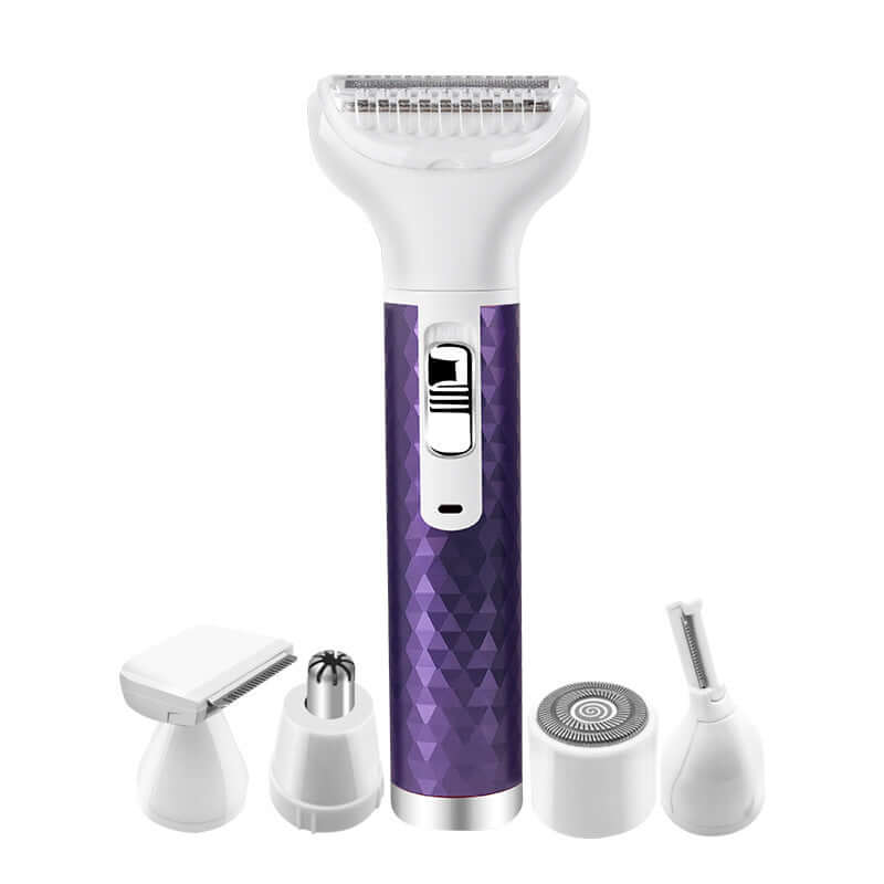 Portable electric razor for women with multiple attachments for shaving, trimming, and grooming, featuring a sleek purple design.