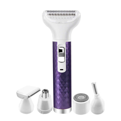 Portable electric razor for women with multiple attachments for shaving, trimming, and grooming, featuring a sleek purple design.