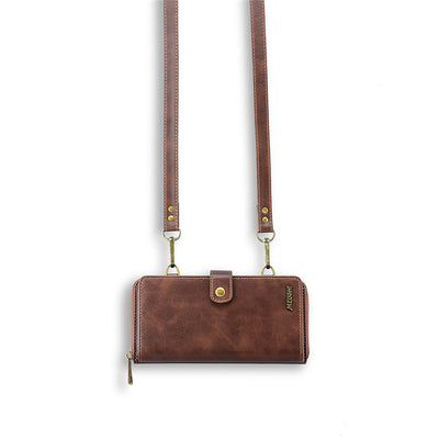 Stylish brown detachable wallet with adjustable strap, ideal for holding essentials and compatible with various phone models.