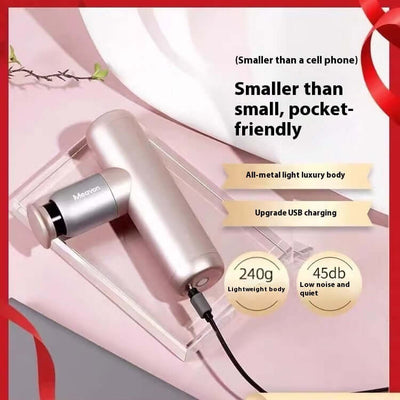 Mini pocket massage gun with all-metal body, portable design, USB charging, and quiet operation, ideal for on-the-go relaxation.