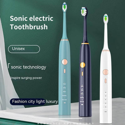 Sonic electric toothbrushes in mint green, navy blue, and white showcasing modern design and advanced sonic technology.