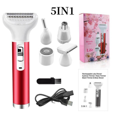 5-in-1 portable electric razor set for women, includes trimmers for body, eyebrows, and nose hair, in compact design.