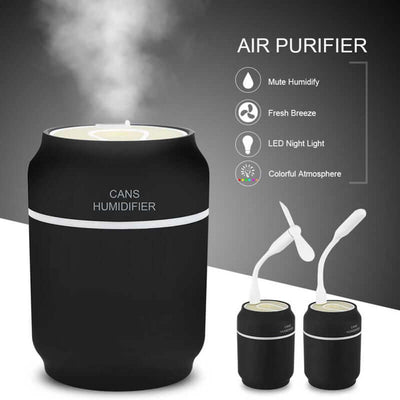 Mini can humidifier with LED night light and air purifier features for a fresh atmosphere.