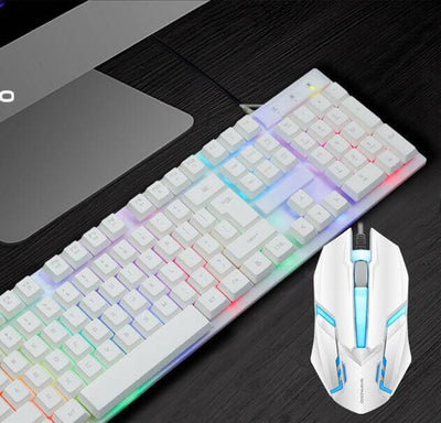 Wangtun Shanhe Keyboard and Mouse Set with colorful backlighting and angular design on a black surface.