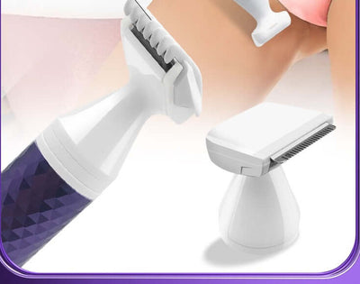 Portable electric razor for women with multiple heads for body, eyebrow, and nose hair trimming.