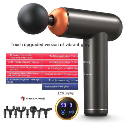 Mini massage gun with LCD display and 8 interchangeable heads for full body relief and muscle recovery.
