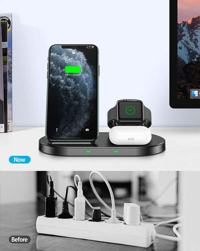 Multifunctional wireless charger displaying iPhone, AirPods, and Apple Watch charging efficiently, highlighting a tidy setup.