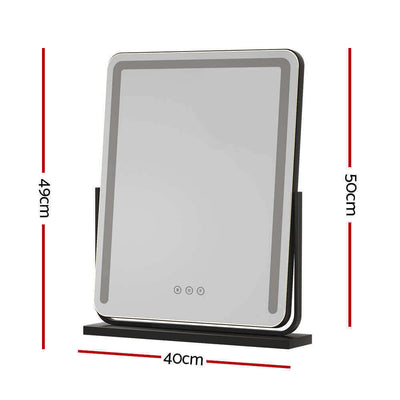 Desktop Smart LED cosmetic mirror in black and white with dimensions 40x49x50cm for bedroom or bathroom use.