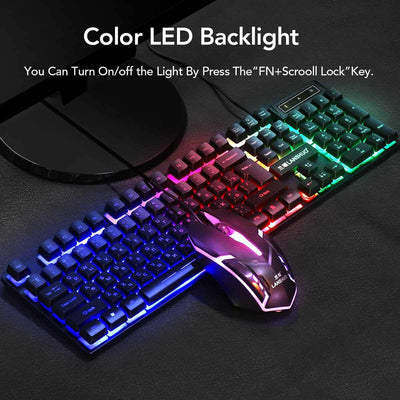 Color LED backlit keyboard and mouse set on a desk, showcasing vibrant lighting effects and multimedia functionality.
