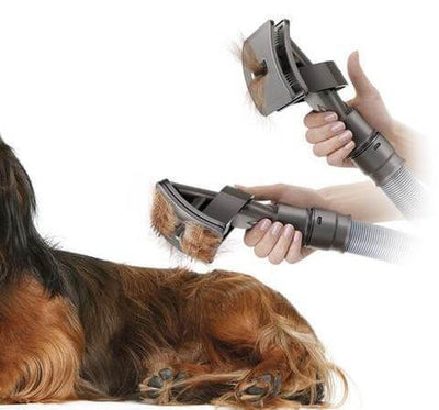 Pet grooming brush attachment vacuum removing loose dog hair for clean and mess-free grooming.