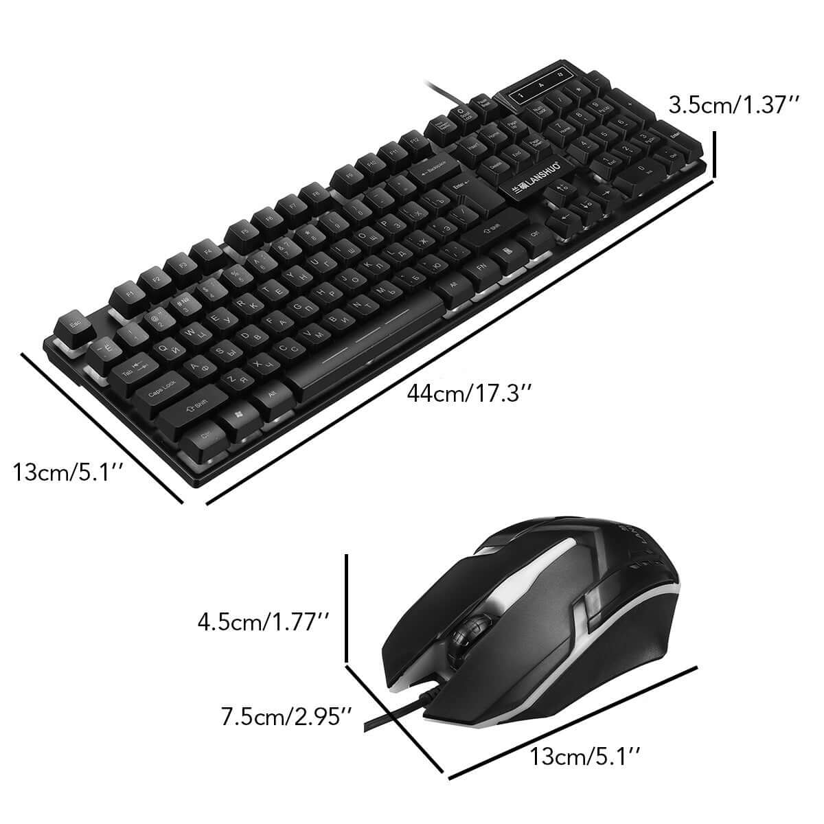 Russian USB wired backlit keyboard and optical mouse set with dimensions 44cm x 13cm and 13cm x 7.5cm.