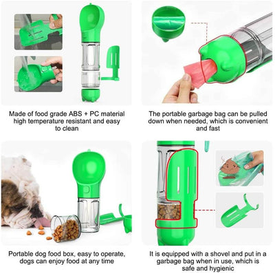 Multi-purpose green dog bottle with food storage, garbage bag holder, and cleaning scoop for easy outdoor use.