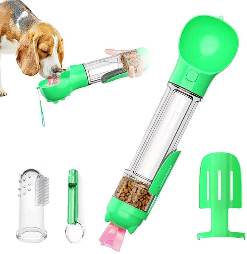 Multi-purpose green dog bottle with built-in scoop and dog enjoying water, designed for easy travel and odor control.