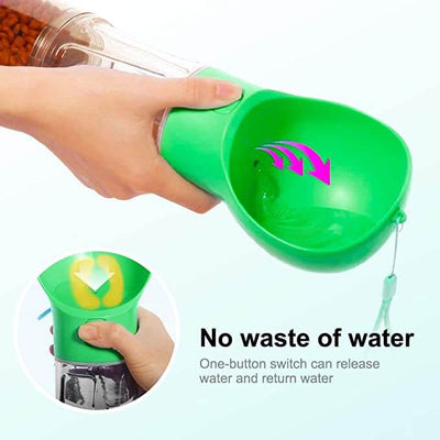 Dog water bottle with one-button switch to prevent waste, showcasing easy water release and return feature.