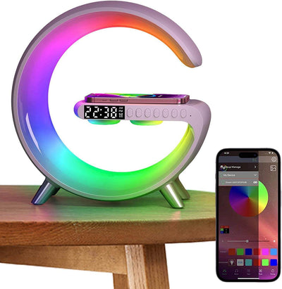 Stylish Charger Lamp with color-changing light, phone charging deck, and mobile app control on a wooden table.