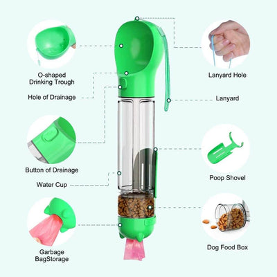 Multi-purpose dog bottle with integrated food storage, drainage, and shovel for easy pet care.