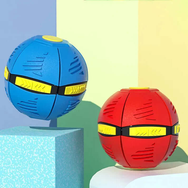 Colorful blue and red dog frisbee balls on display, designed for durable and fun playtime with pets.
