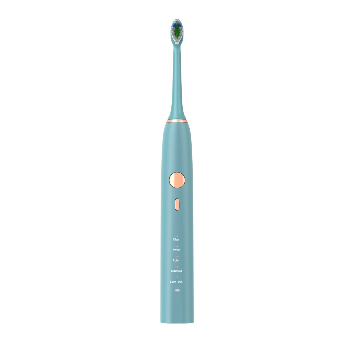Smart electric toothbrush in mint green with multiple settings for effective cleaning and wireless charging.