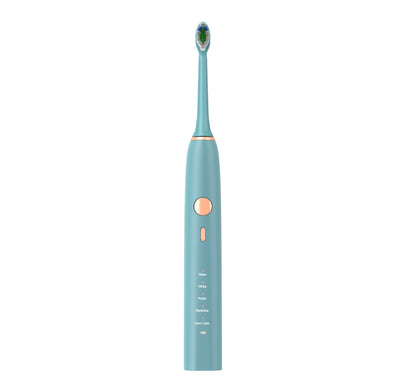 Smart electric toothbrush in mint green with multiple settings for effective cleaning and wireless charging.