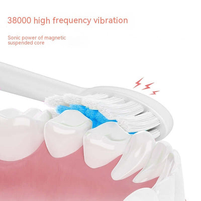 Close-up of an electric toothbrush bristles showing 38000 high frequency vibration for effective cleaning.