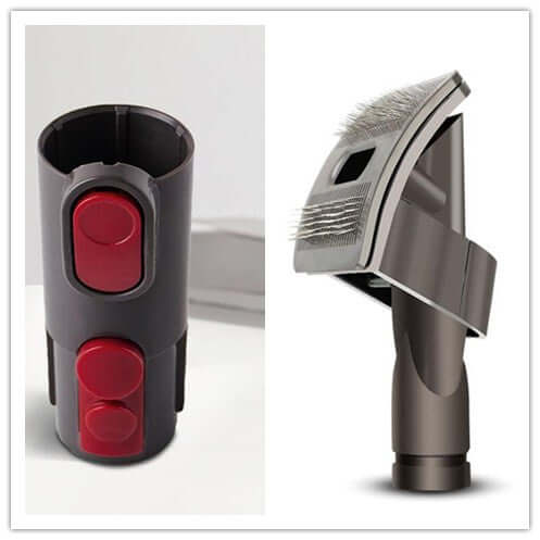 Pet grooming brush tool and vacuum cleaner brush attachment for effective hair removal.