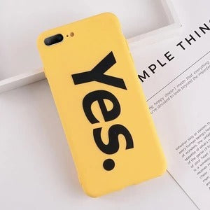 Lovebay yellow iPhone case with bold 'Yes' text, anti-fingerprint, full camera protection, compatible with iPhone models.