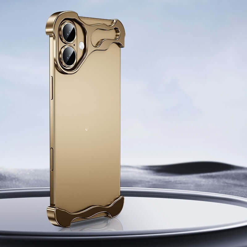 Zinc alloy protective case in gold for iPhone 15, featuring a minimalist design and luxury style.