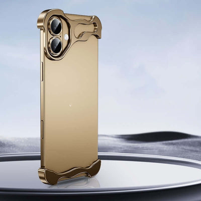 Zinc alloy protective case in gold for iPhone 15, featuring a minimalist design and luxury style.