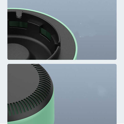 Close-up of the Intelligent Ash Tray showing its sleek design and air purifier features, promoting cleaner air quality.