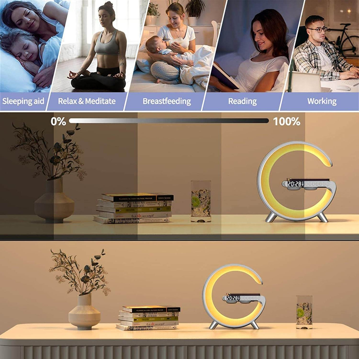 Charger lamp with adjustable lighting settings for various activities like reading and working, showcasing a clean aesthetic.