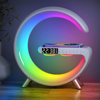 Charger lamp with colorful LED lights and phone charging dock, featuring a digital clock display.