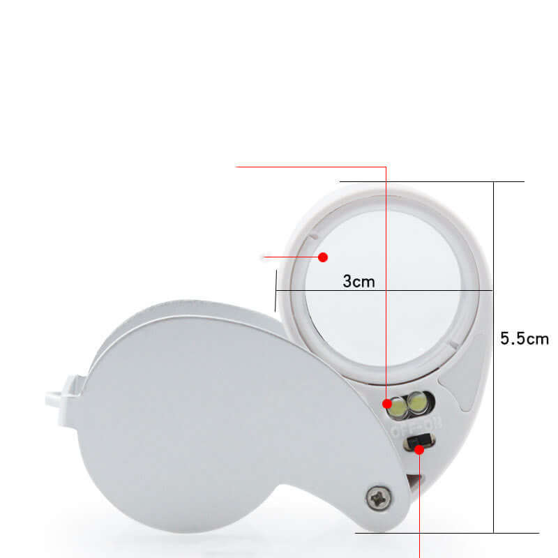 Folding jewelry mirror with LED light, measuring 5.5cm x 3cm, in sleek silver design.